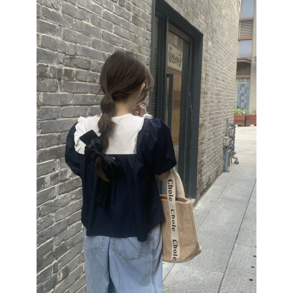 Áo Sơ Mi Ngắn Tay Cổ Búp Bê Chắp Vá Phong Cách Pháp Ngọt Ngào Cho Nữ