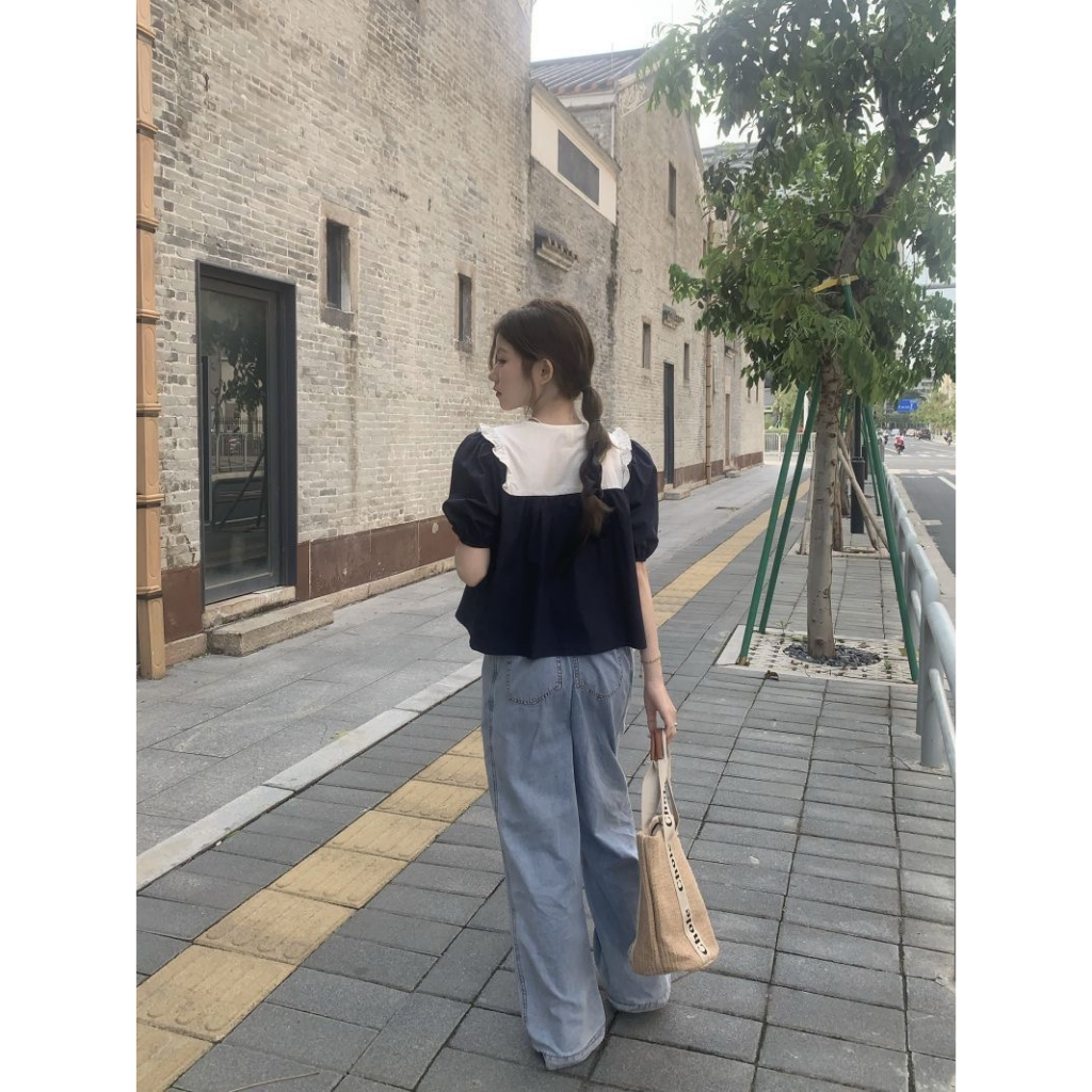 Áo Sơ Mi Ngắn Tay Cổ Búp Bê Chắp Vá Phong Cách Pháp Ngọt Ngào Cho Nữ