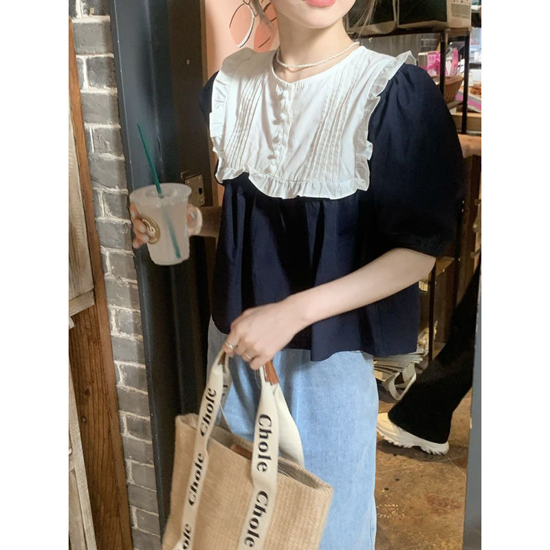 Áo Sơ Mi Ngắn Tay Cổ Búp Bê Chắp Vá Phong Cách Pháp Ngọt Ngào Cho Nữ