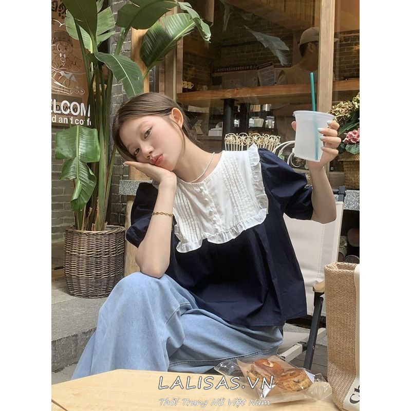 Áo Sơ Mi Ngắn Tay Cổ Búp Bê Chắp Vá Phong Cách Pháp Ngọt Ngào Cho Nữ