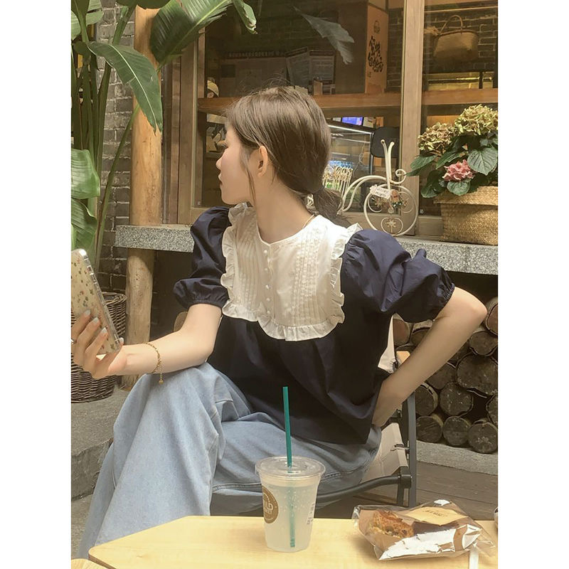 Áo Sơ Mi Ngắn Tay Cổ Búp Bê Chắp Vá Phong Cách Pháp Ngọt Ngào Cho Nữ