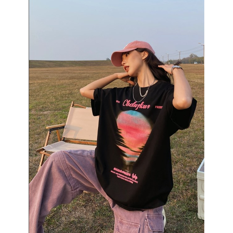 Áo thun cotton YOUTANG ngắn tay in họa tiết hoàng hôn phong cách retro hiphop cho cặp đôi