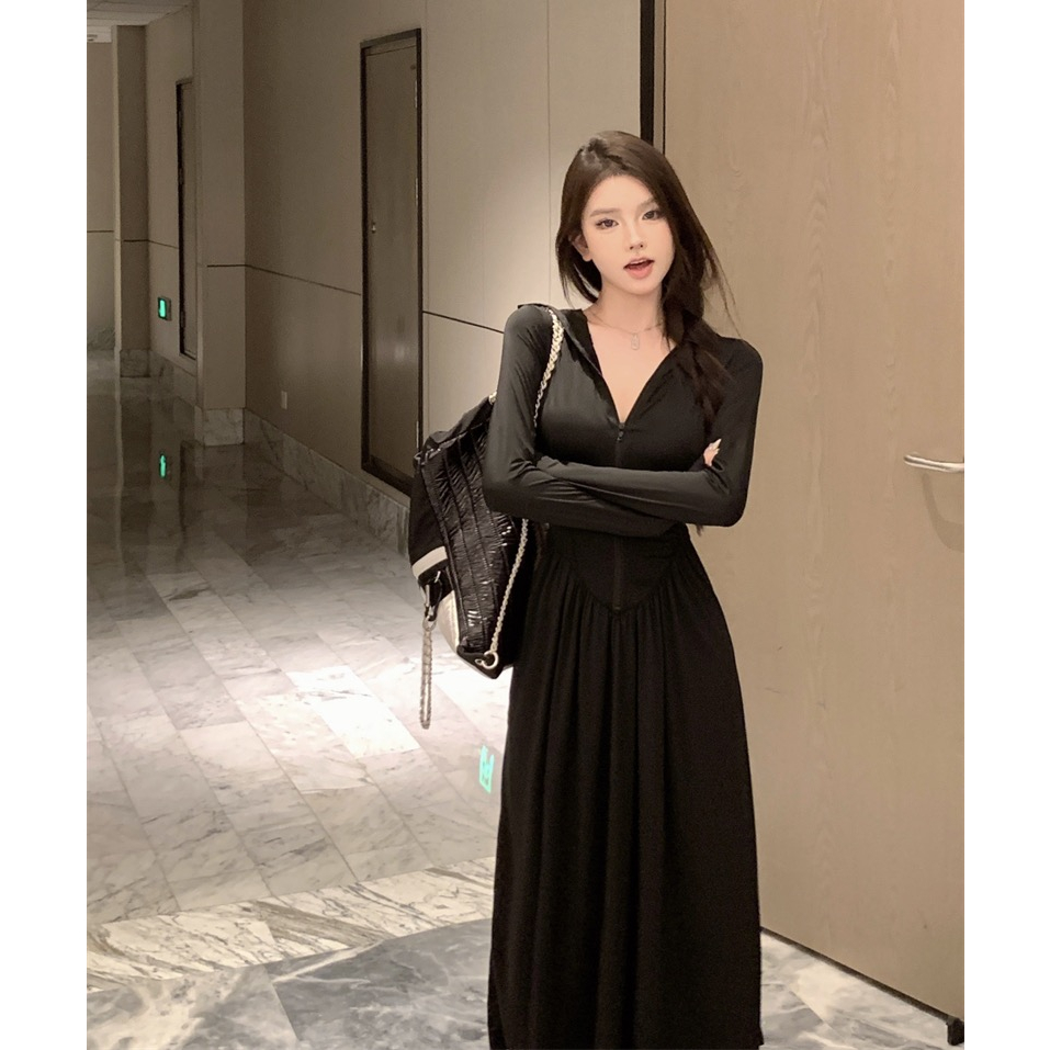 New summer bask in thin skirt with zipper closed a word skirt waist uv ice silk waste their long-sleeved dress