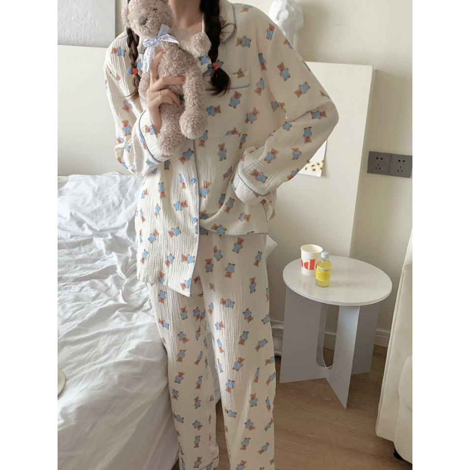 Bộ Đồ Ngủ Tay Dài Chất Cotton In Họa Tiết Chú Gấu Dễ Thương Thời Trang Xuân Thu Cho Nữ