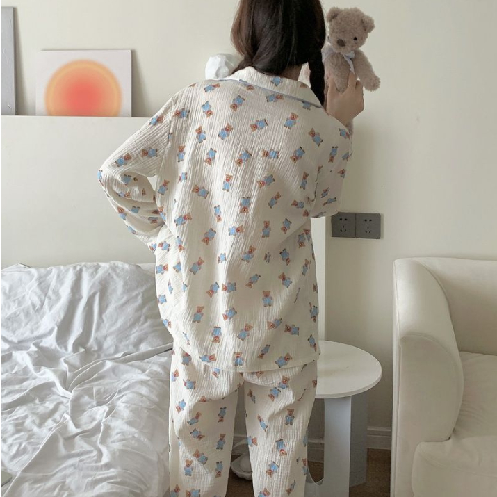 Bộ Đồ Ngủ Tay Dài Chất Cotton In Họa Tiết Chú Gấu Dễ Thương Thời Trang Xuân Thu Cho Nữ