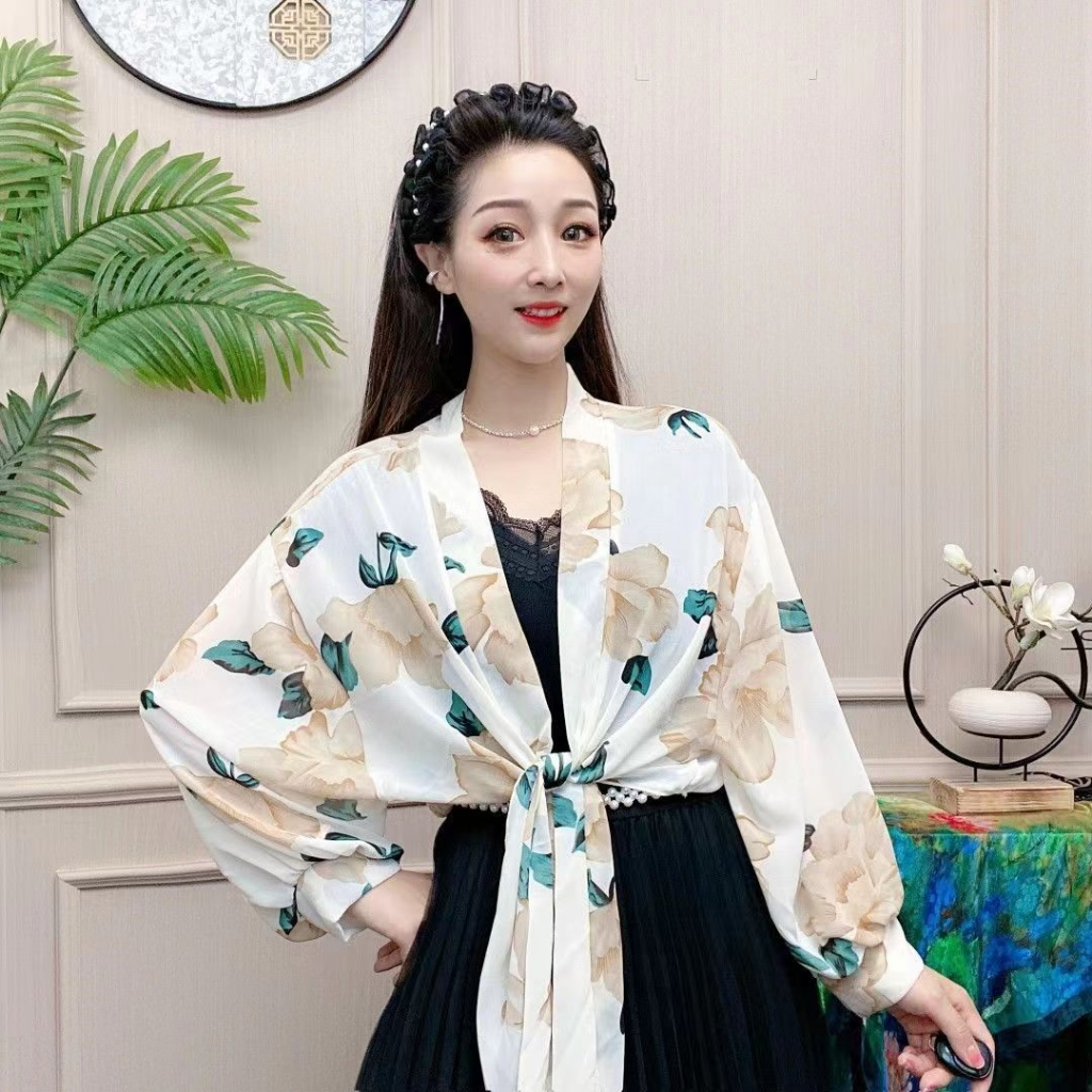 Áo Khoác Voan Cardigan Chống Nắng Tay Dài In Họa Tiết Xinh Xắn Thời Trang Mùa Hè