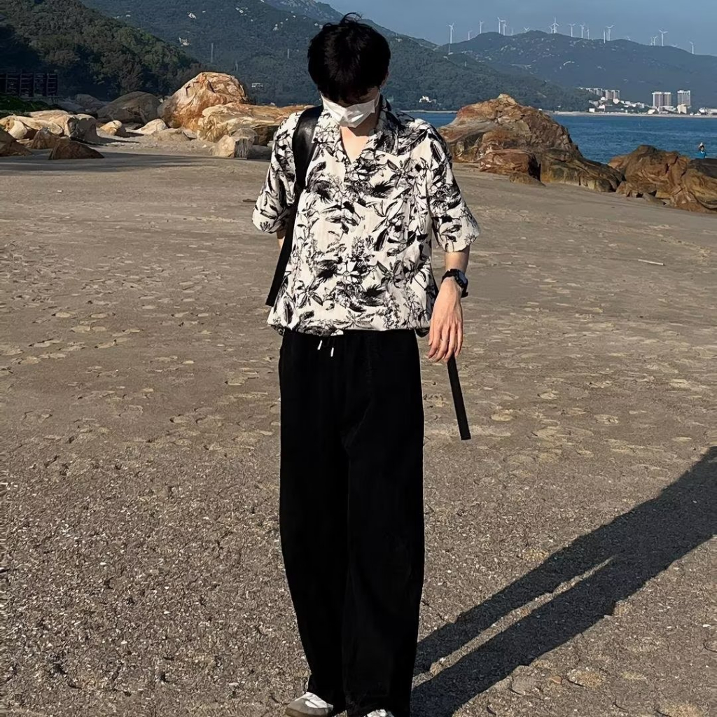 Áo Sơ Mi Tay Ngắn Dáng Rộng In Họa Tiết Mực Và Mực Cuba Thời Trang Mùa Hè Cho Nam