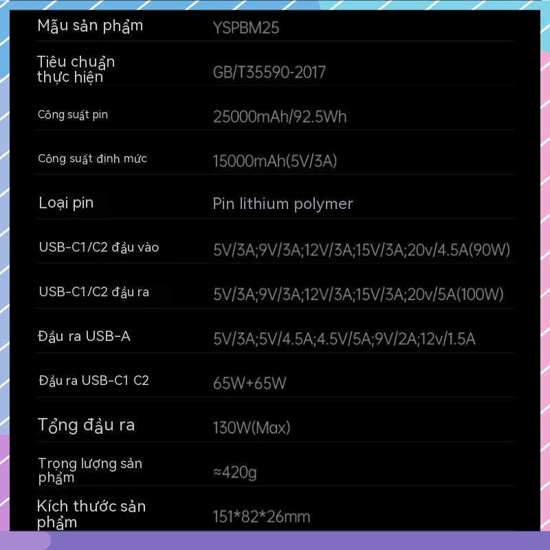 Pin Sạc Dự Phòng Kỹ Thuật Số 130W 25000mAh Công Suất Cao Có Thể Sạc Lại Cho Samsung / millet / oppo / vivo