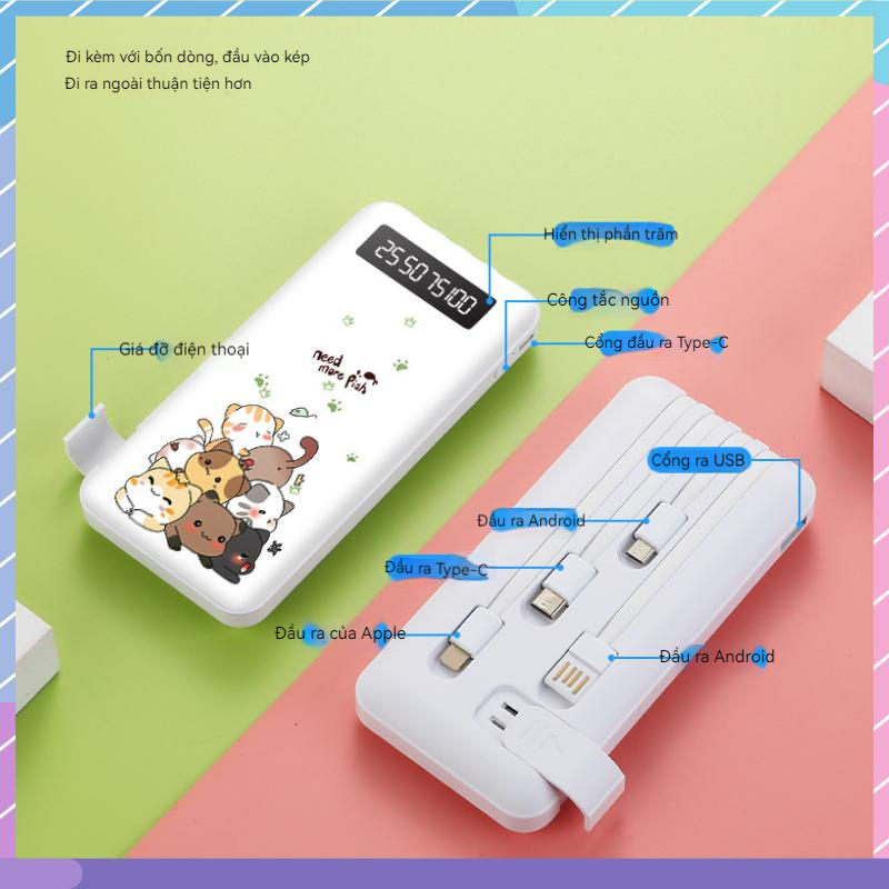 Pin Sạc Dự Phòng 4 Dây 20000mAh Họa Tiết Hoạt Hình Dung Lượng Lớn Cho Samsung / Xiaomi / oppo / vivo