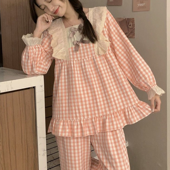 Bộ Đồ Ngủ Tay Dài Dáng Rộng In Họa Tiết Caro Dễ Thương Thời Trang Xuân Thu Cho Nữ