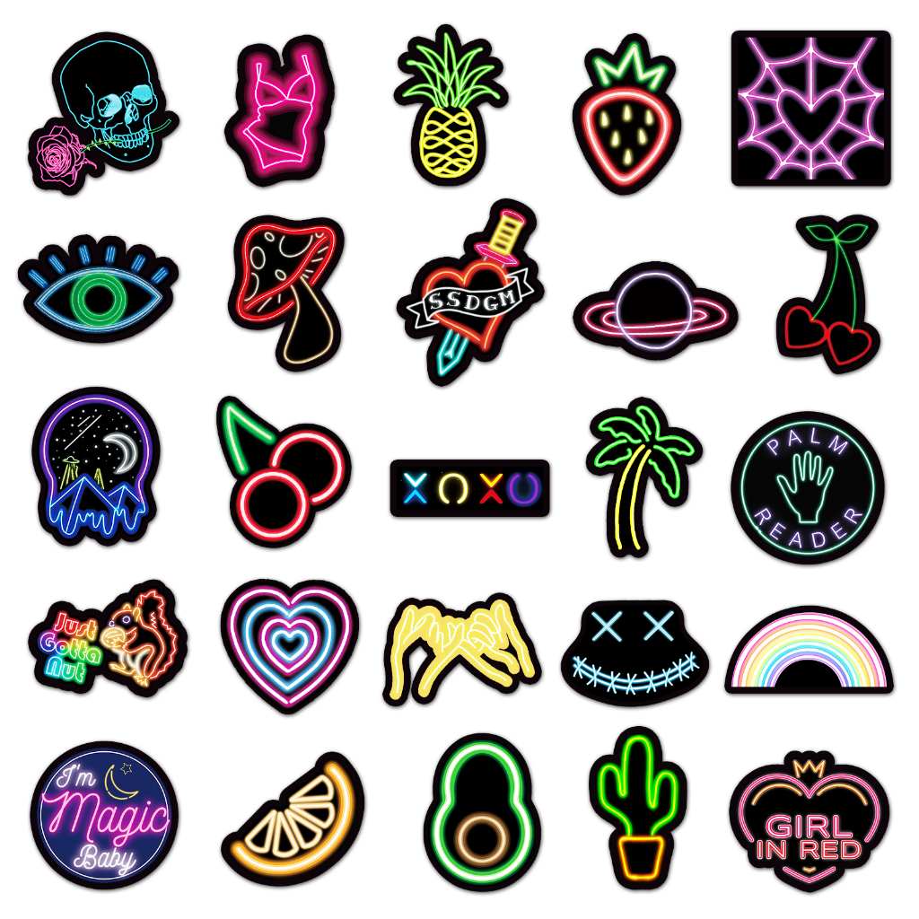 Bộ 50 Miếng Dán Màu Neon Chống Thấm Nước Độc Đáo Trang Trí Xe Hơi / Nhà Cửa DIY