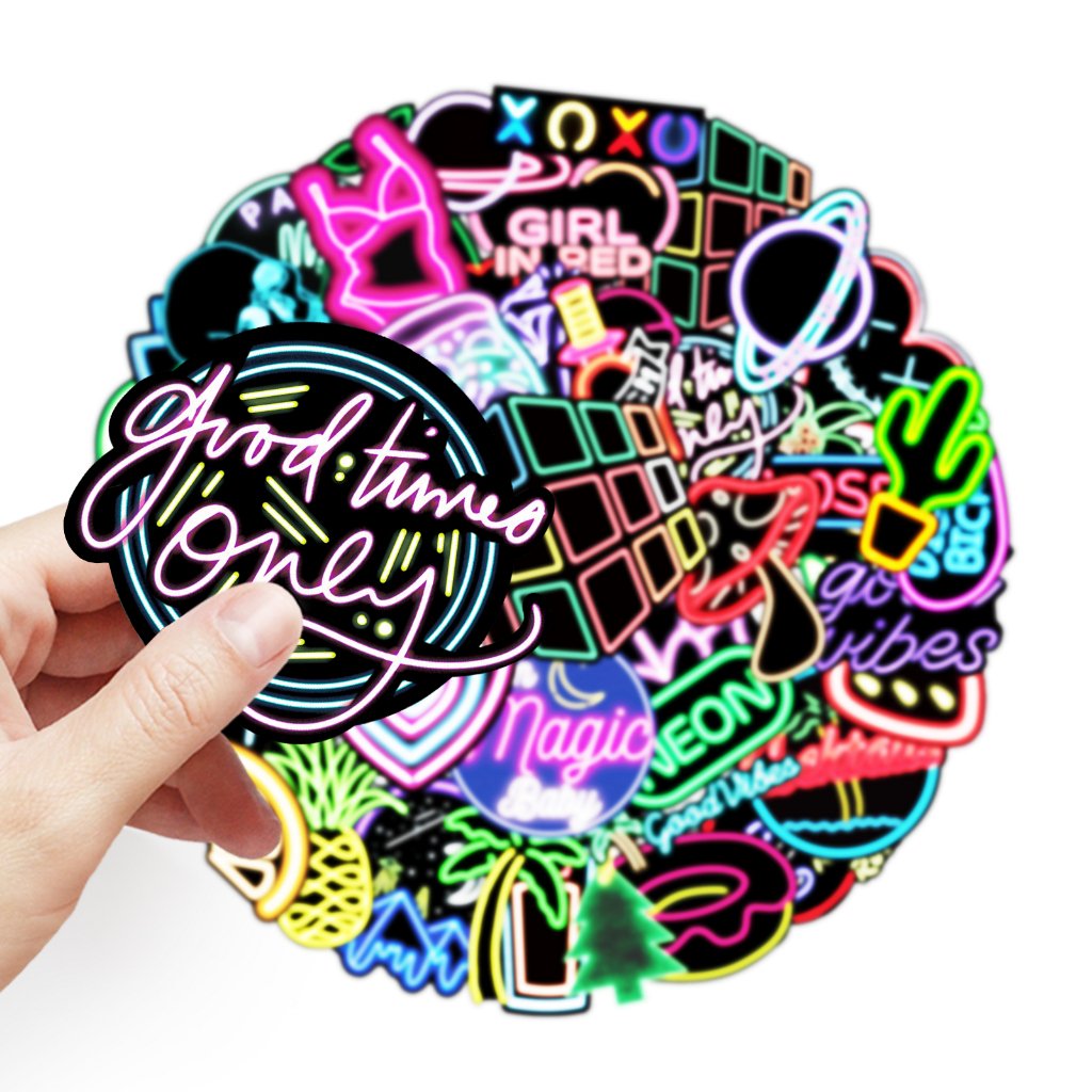 Bộ 50 Miếng Dán Màu Neon Chống Thấm Nước Độc Đáo Trang Trí Xe Hơi / Nhà Cửa DIY