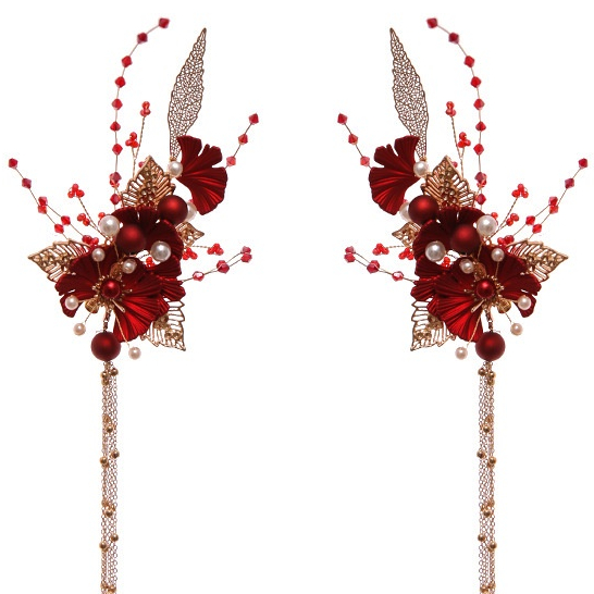 GETNOIVAS Trâm Cài Tóc Đính Hoa Đỏ Tua Rua Phong Cách Trung Hoa Truyền Thống