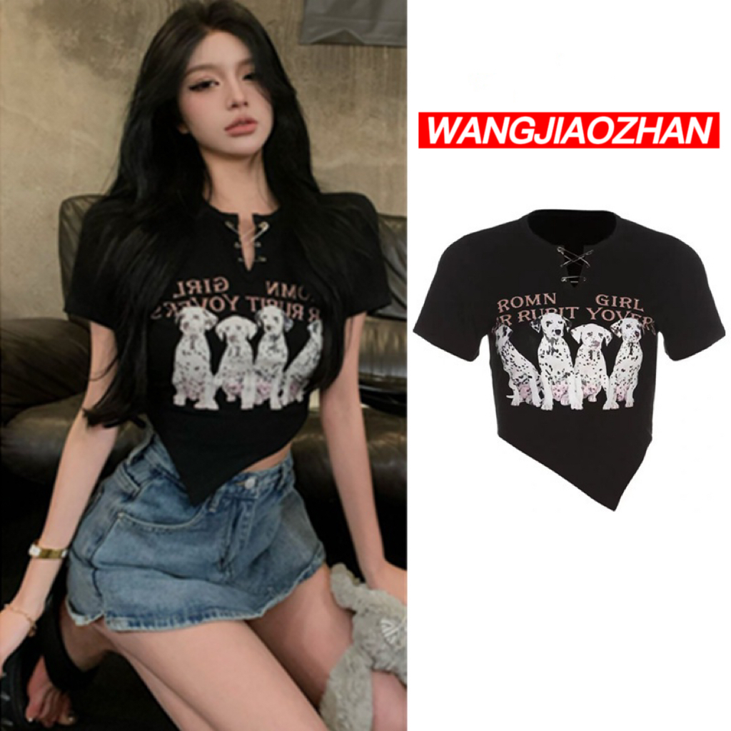 WANG JIAO ZHAN Áo crop top thun cotton ngắn tay in họa tiết xinh xắn cho nữ