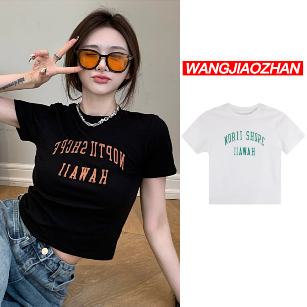 WANGJIAOZHAN Áo croptop thun tay ngắn dáng ôm in chữ thời trang