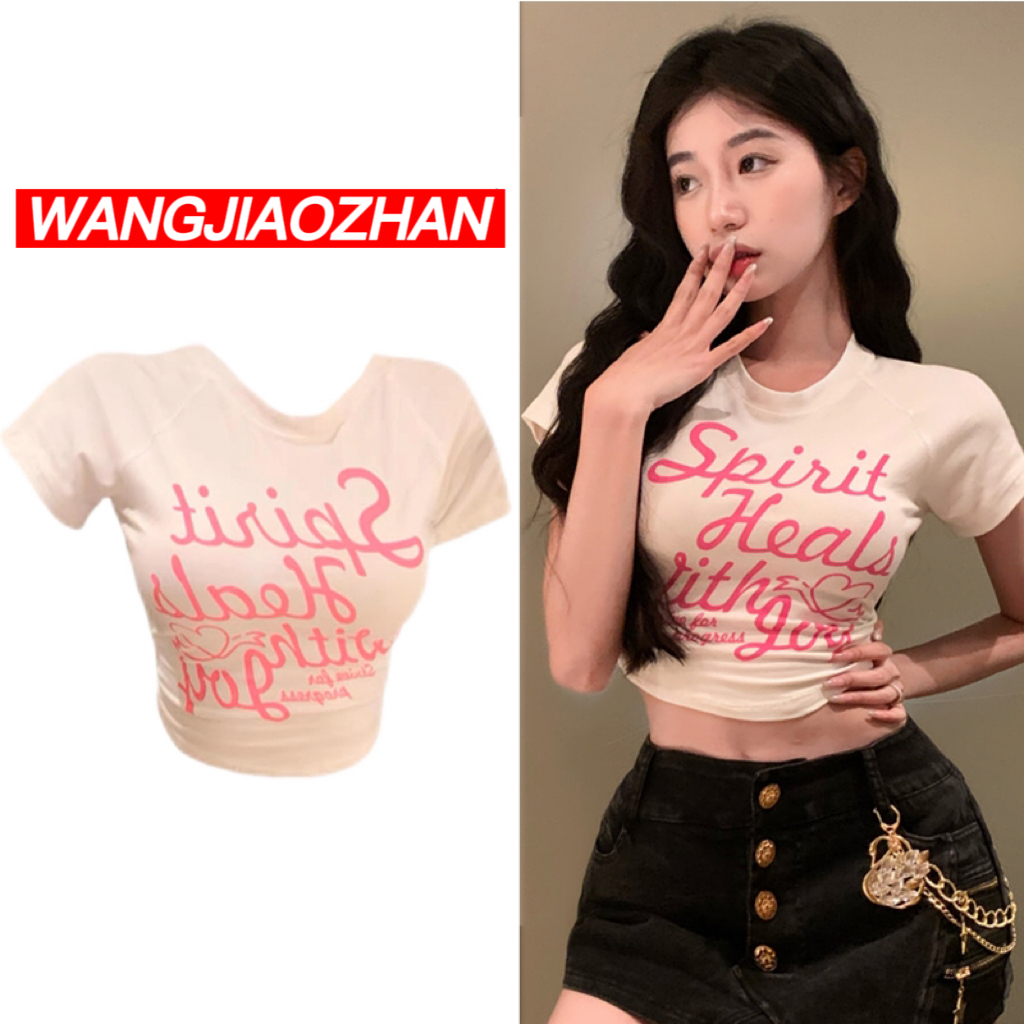 WANG JIAO ZHAN Áo croptop thun ngắn tay in họa tiết chữ thời trang dành cho nữ