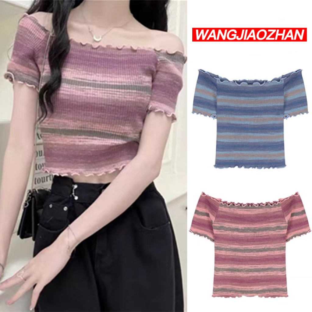 Áo croptop thun WANGJIAOZHAN ngắn tay họa tiết sọc thời trang dành cho nữ