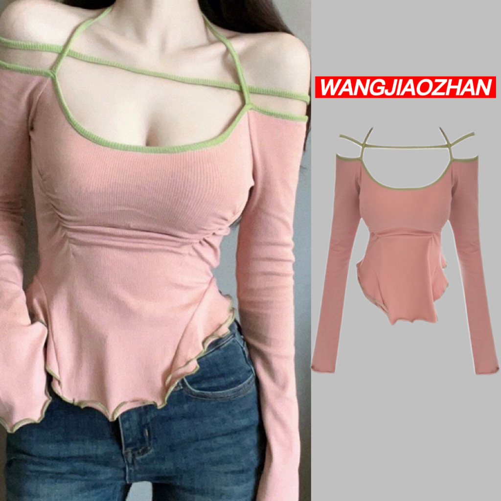 WANGJIAOZHAN Áo Croptop Tay Dài Trễ Vai Thiết Kế Quyến Rũ