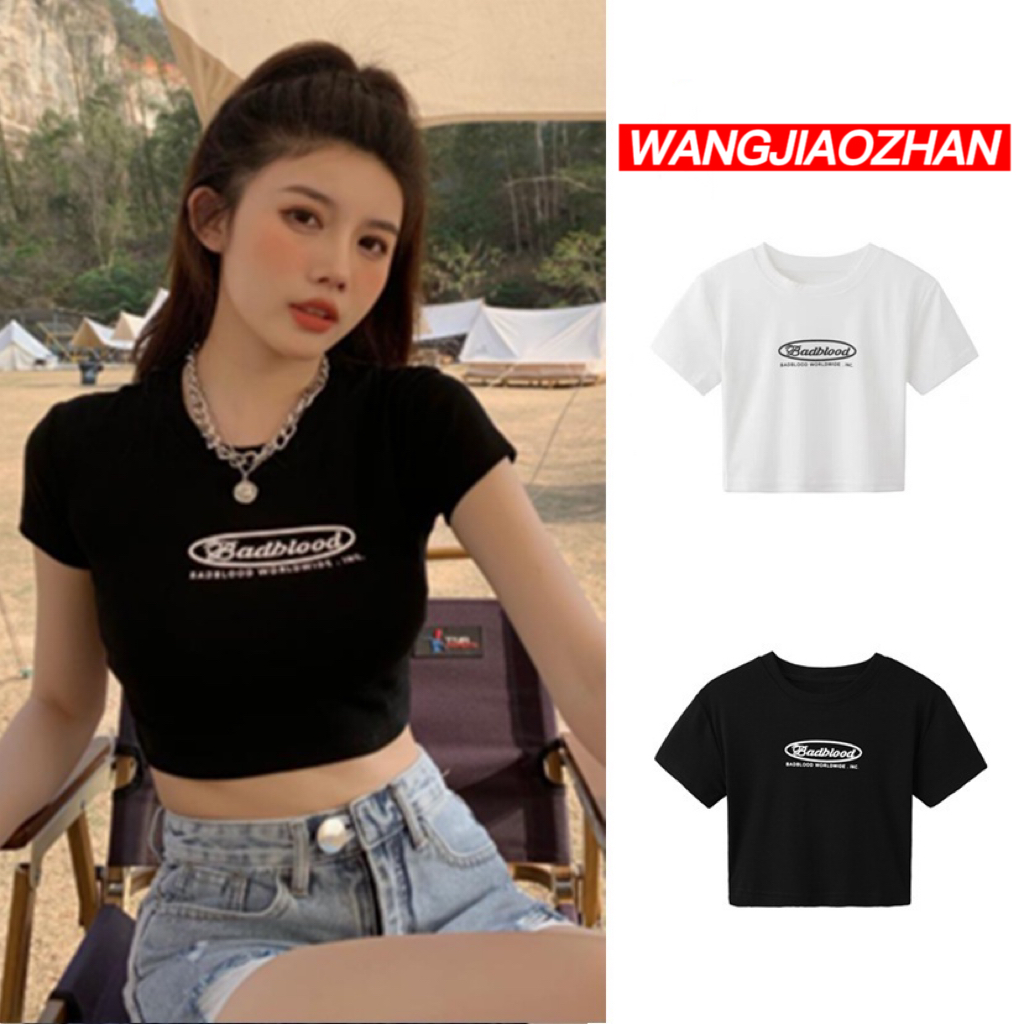 WANG JIAO ZHAN Áo crop top nữ Áo thun tay ngắn in hình thời trang cá tính cho nữ