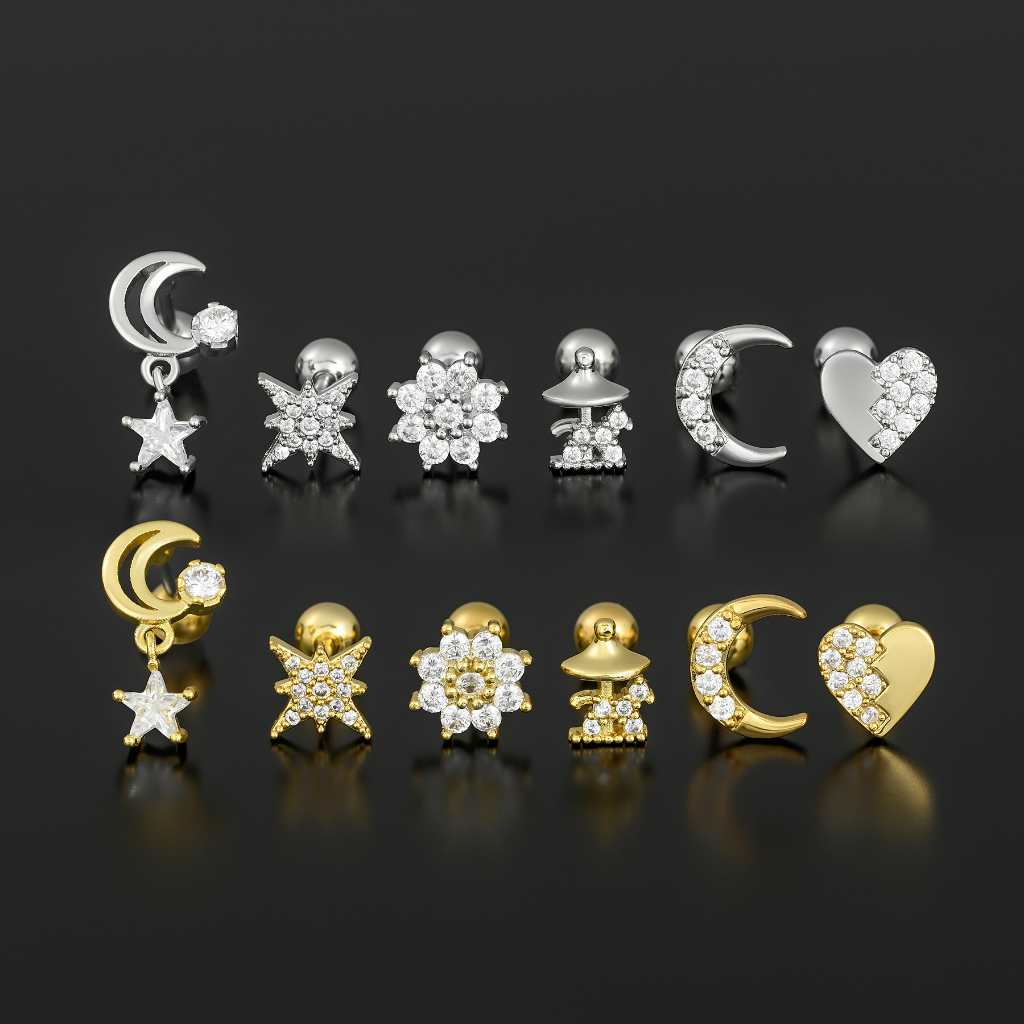 1 Bông Tai Bằng Thép Y Tế Hình Trăng Sao Đính Đá Zircon 18k