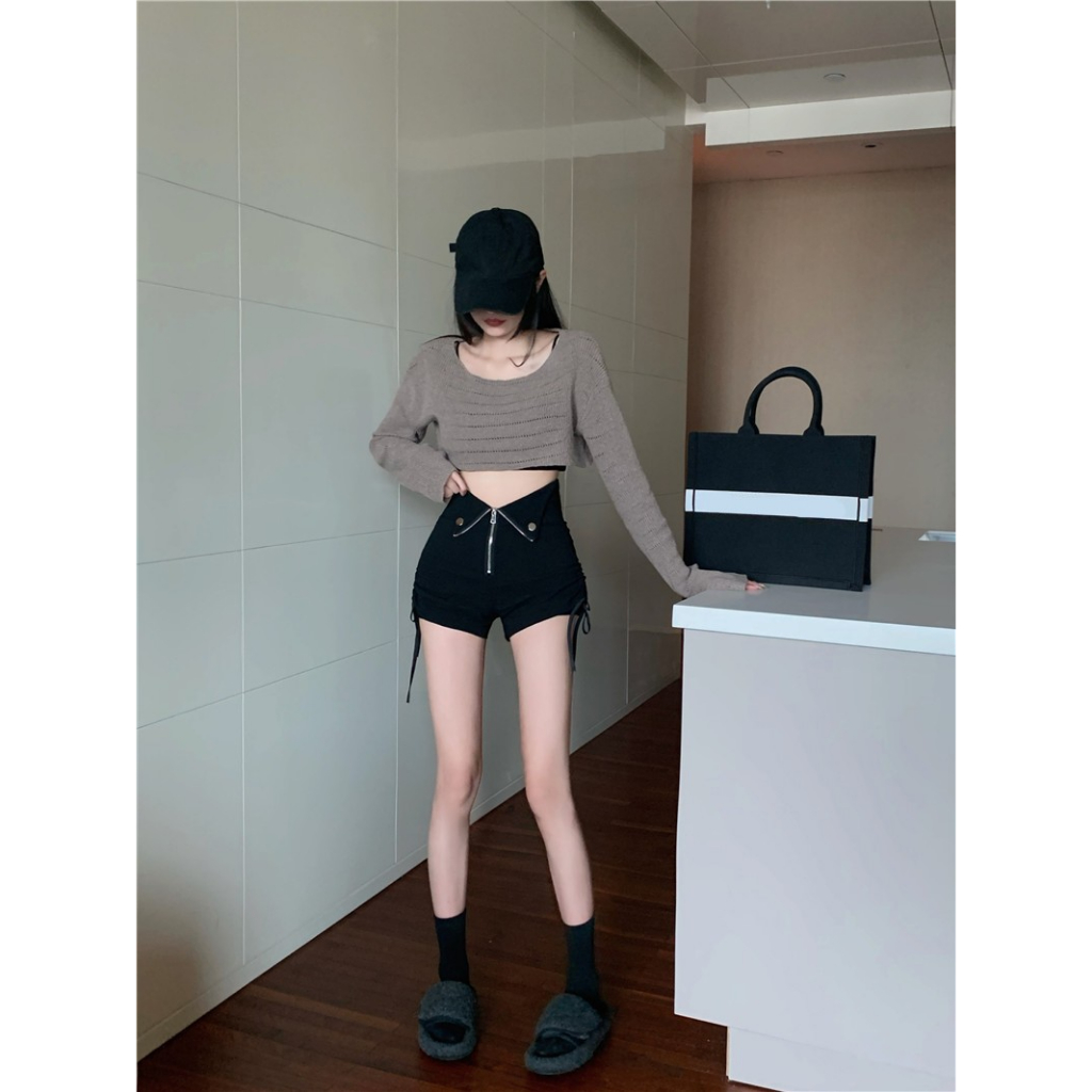 Quần Short Lưng Cao Ống Rộng Màu Đen Có Khóa Kéo Cỡ Lớn Thoải Mái Thời Trang Mùa Hè 2023 Cho Nữ
