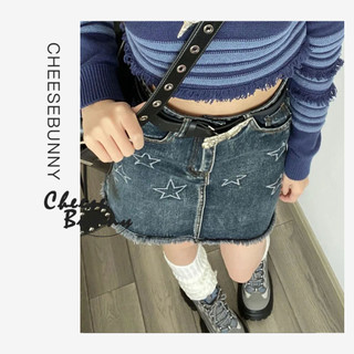 Cheesebunny Chân váy bò jean nữ y2k Chân váy jean Thêu Ngôi Sao cạp cao 2 túi trước