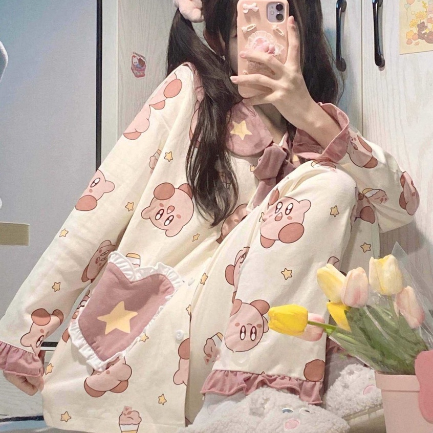 Bộ Đồ Ngủ Tay Dài In Họa Tiết Hoạt Hình Dễ Thương Thời Trang Xuân Thu Cho Nữ