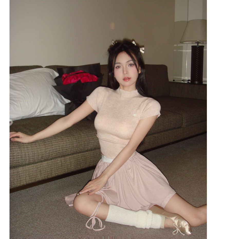 「Nonfatgirl」Bộ Áo Dệt Kim Ôm Dáng Vừa Vặn + Quần Culottes Dệt Kim + Quần Culottes Màu Trơn Ngọt Ngào Cho Nữ