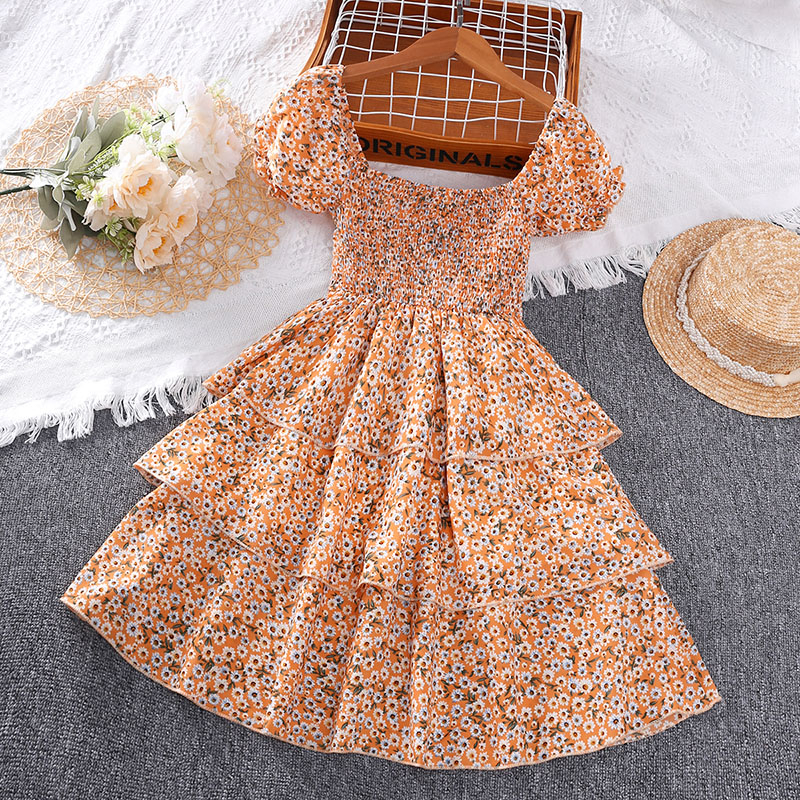 SIYYIS Đầm công chúa xếp tầng hở vai tay phồng in hoa thời trang cho bé gái 5-12 tuổi