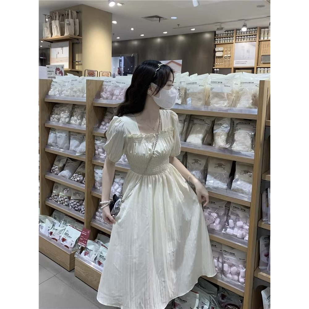 Đầm Tay Ngắn Cổ Vuông Chiết Eo Phong Cách Thời Trang Pháp Dành Cho Nữ