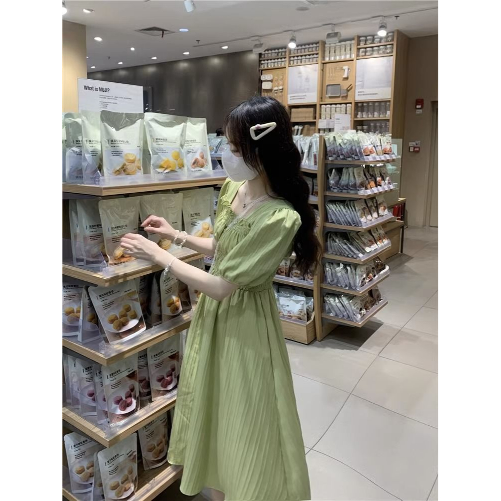 Đầm Tay Ngắn Cổ Vuông Chiết Eo Phong Cách Thời Trang Pháp Dành Cho Nữ