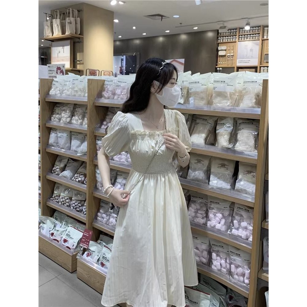 Đầm Tay Ngắn Cổ Vuông Chiết Eo Phong Cách Thời Trang Pháp Dành Cho Nữ