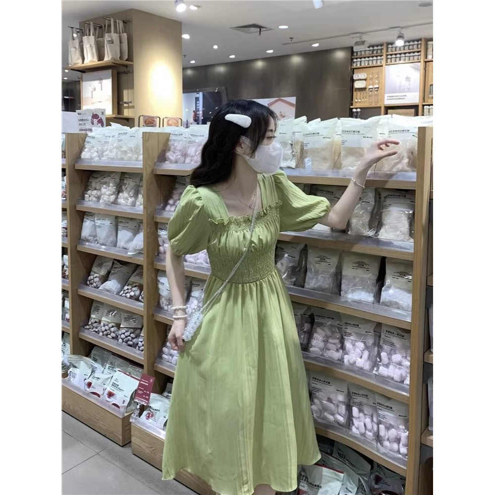 Đầm Tay Ngắn Cổ Vuông Chiết Eo Phong Cách Thời Trang Pháp Dành Cho Nữ