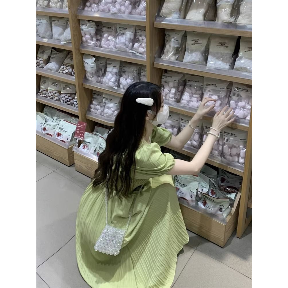 Đầm Tay Ngắn Cổ Vuông Chiết Eo Phong Cách Thời Trang Pháp Dành Cho Nữ