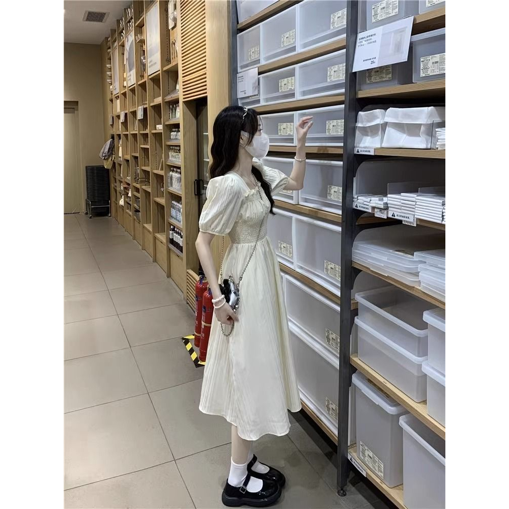 Đầm Tay Ngắn Cổ Vuông Chiết Eo Phong Cách Thời Trang Pháp Dành Cho Nữ