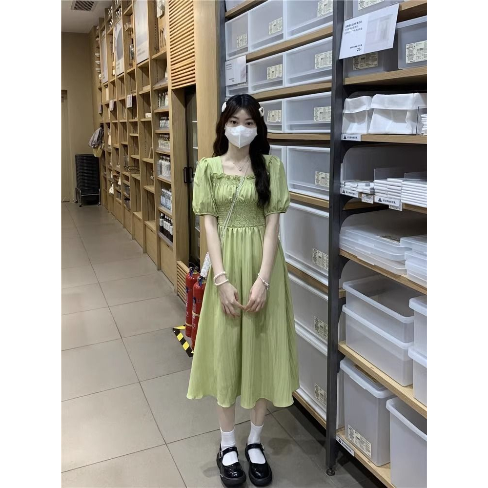 Đầm Tay Ngắn Cổ Vuông Chiết Eo Phong Cách Thời Trang Pháp Dành Cho Nữ