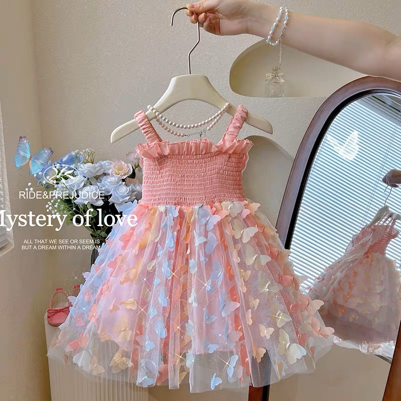 Đầm Công Chúa Hai Dây Họa Tiết Bướm Thời Trang Mùa Hè Hàn Quốc 2023 Mới Cho Bé Gái