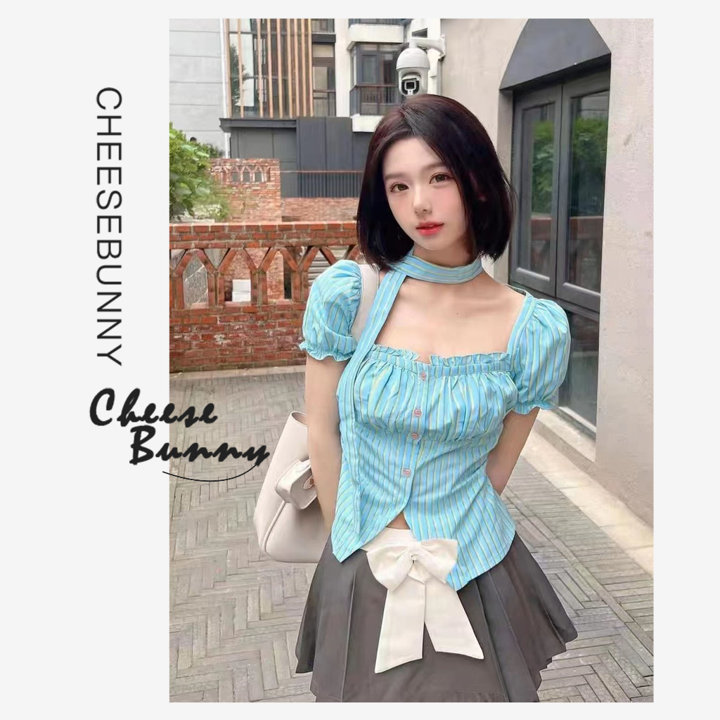 CheeseBunny áo croptop tay phồng Áo sơ mi kẻ sọc nơ tay phồng, quần áo nữ thời trang mùa hè kiểu Pháp