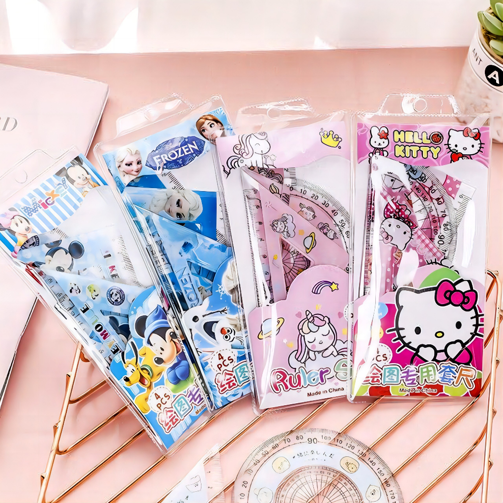 Bộ 4 Thước Tam Giác 15CM Họa Tiết Hoạt Hình Sáng Tạo Cho Học Sinh WJ005