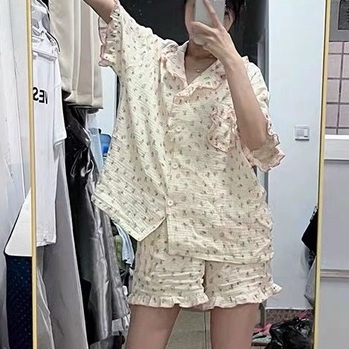 Bộ Đồ Ngủ Ngắn Tay Mềm Mại In Họa Tiết Hoa Xinh Xắn Thời Trang Mùa Hè Cho Nữ