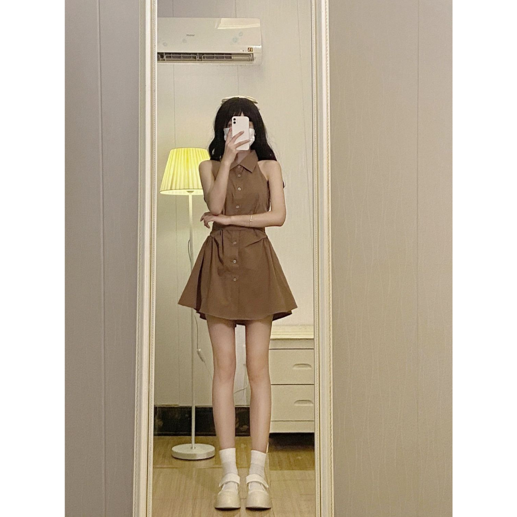 Đầm Sơ Mi Cổ polo Không Tay Thiết Kế Thắt Dây Nhấn Eo Phong Cách Mới Dành Cho Nữ