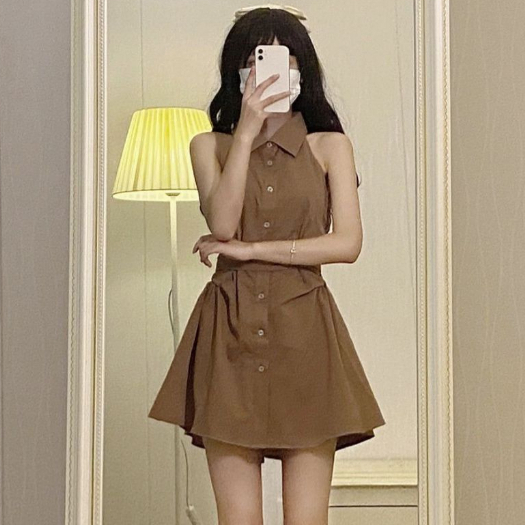 Đầm Sơ Mi Cổ polo Không Tay Thiết Kế Thắt Dây Nhấn Eo Phong Cách Mới Dành Cho Nữ