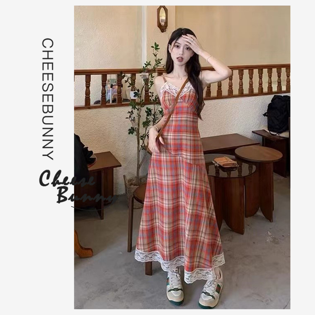 CheeseBunny váy 2 dây Dáng Rộng Cỡ Lớn Kẻ Sọc Caro Phong Cách Hàn Quốc Thời Trang Mùa Hè Cho Nữ