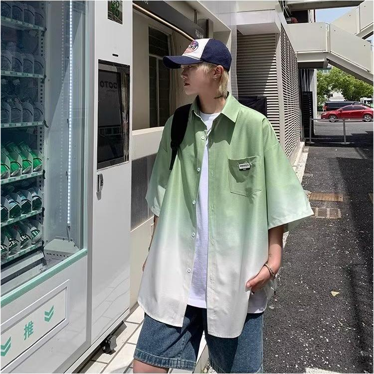 Áo Sơ Mi Ngắn Tay Form Rộng áo sơ mi nữ form rộng Màu gradient áo flannel Thời Trang áo sơ mi Nam
