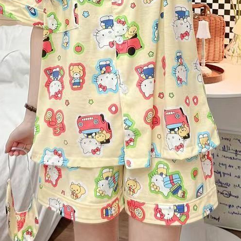 Bộ Đồ Ngủ Ngắn Tay Họa Tiết Hoạt Hình Hello Kitty Thời Trang Mùa Hè Cho Nữ