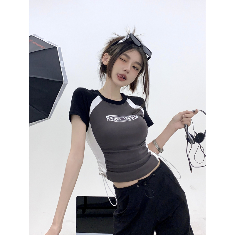 Áo Croptop Tay Ngắn Dáng Ôm Thiết Kế Dây Rút y2k Phong Cách retro Mỹ Cho Nữ