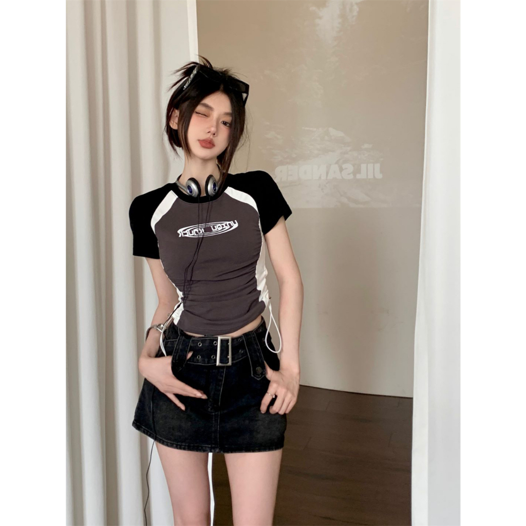 Áo Croptop Tay Ngắn Dáng Ôm Thiết Kế Dây Rút y2k Phong Cách retro Mỹ Cho Nữ