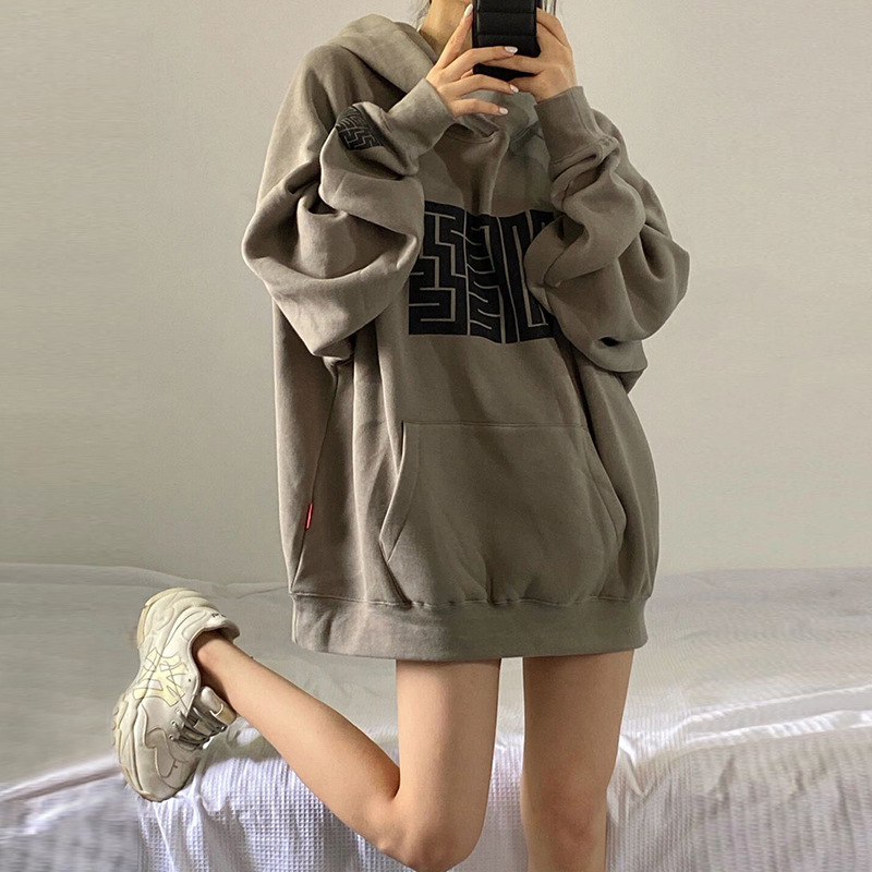 Áo Hoodie Dáng Rộng In Họa Tiết Lót Lông Cừu Phong Cách Retro Hàn Quốc Mới