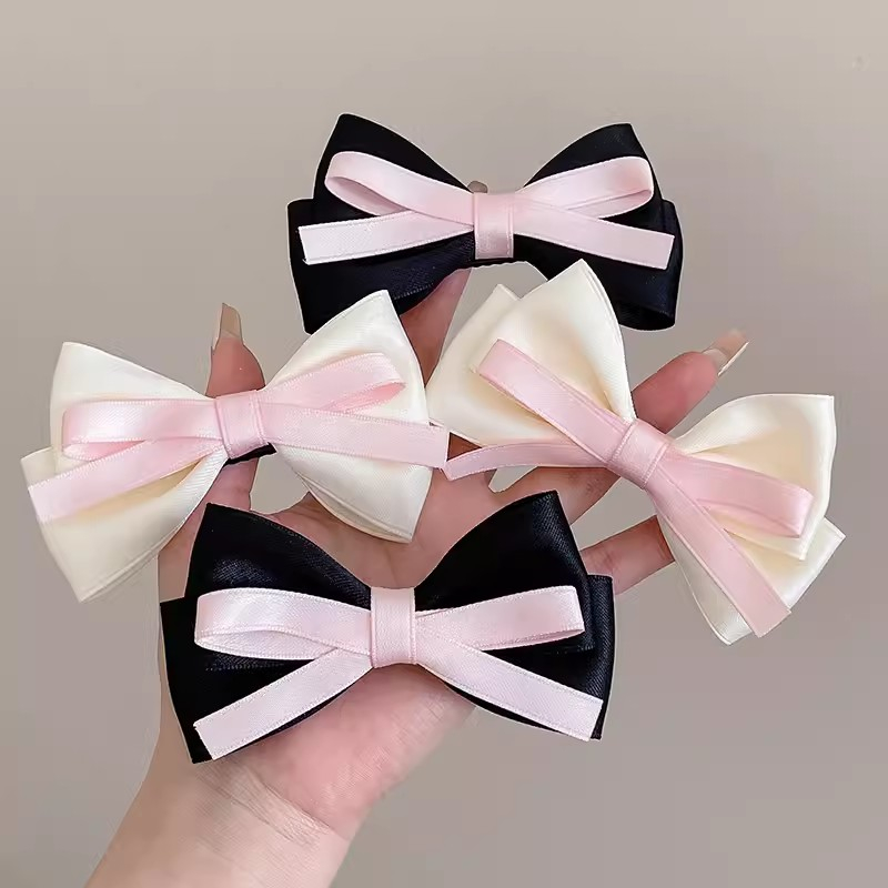 Kẹp Tóc Hình Nơ Vải Satin Đính Ngọc Trai Phong Cách Hàn Quốc