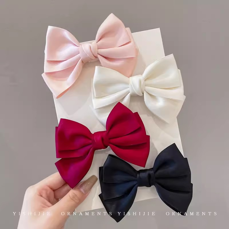 Kẹp Tóc Hình Nơ Vải Satin Đính Ngọc Trai Phong Cách Hàn Quốc